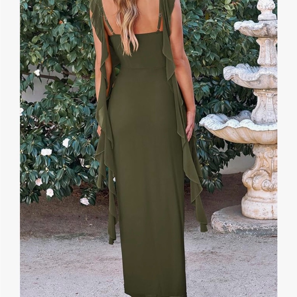 Elegant Olive Green Ruffle Dress - Picture 4 of 6